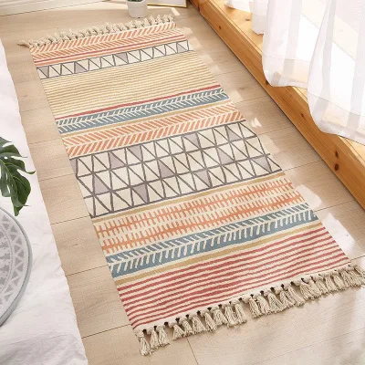 Cross-Border for Hand-Woven Cut Pile Cotton Linen Square Carpet Abstract Geometric Pattern 0.5-Inch Thick Non-Slip Bedside