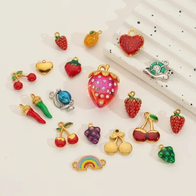 Fruit Series Enamel Cherry Strawberry Grape Stainless Steel Charm Pendants for DIY Jewlerly