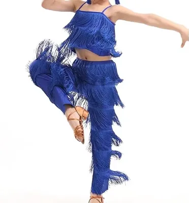 Girls Modern Salsa Ballroom Dance Outfits 2pcs Latin Costume Sets Tassel Camisole Tops and Fringe Pants Cheerleading Uniforms