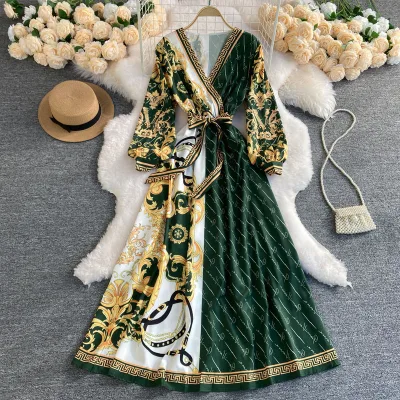 Black and Gold Long Sleeve Maxi Vintage Dress Well Looking Simple Dress