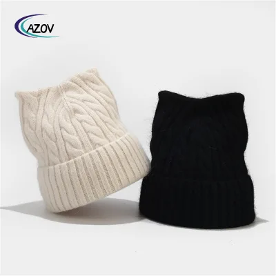 Cute Cat Cap With Ears Women's Thickened Winter New All-Matching Twist Warm Knitted Hat Internet Famous Hat Fashion