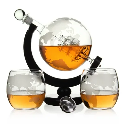 GlobeTrotter Etched Globe Spirits Decanter with Matching Glasses and Bar Funnel