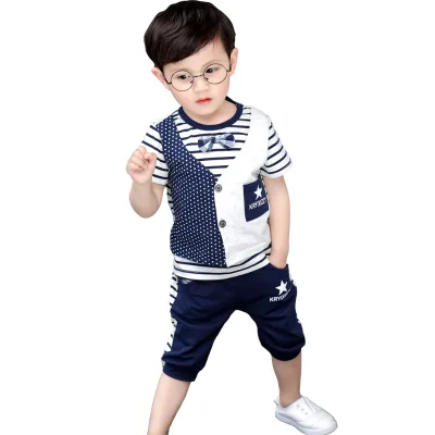 Factory Direct Summer Casual Two-Piece Outfit for Kids Striped Cross-Border Suit for Baby Boys Export Quality