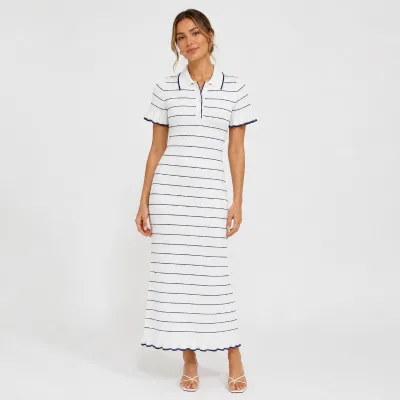 Factory Supply Womens Ivory Ribbed Knit Dress Polo Collar Short Sleeve Midi OEM Service