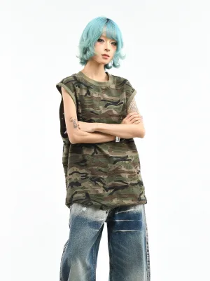 Custom 100% Cotton Vintage Camouflage Distressed and Worn-Out Loose-Fitting Sleeveless Unisex Tank Top
