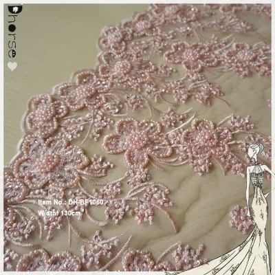 Hot Sell Fancy Delicate pink High Quality Hand Beaded Lace Fabric for Dresses