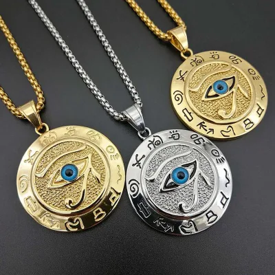 Ancient Egypt Stainless Steel Round Necklace Pendant Gold Plated Evil Eyes Pendant Necklace