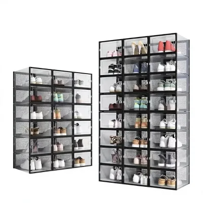 Modern Rectangular Standing Type Dustproof Plastic Shoe Boxes Flip Top PP Transparent Plastic Stackable Folding Shoe Storage Box