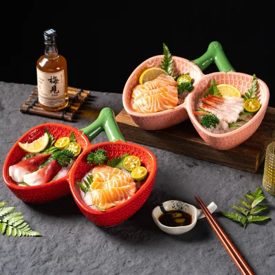Novelty 2-grid Strawberry Textured Porcelain Bowl Eco-Friendly Durable Breakfast Home Use for Salmon Shrimp Seafood