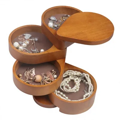 JSVER Portable Rubber Wood Jewelry Organizer 4-Layer Rotatable Jewelry Holder Travel Box for Rings Necklaces Earrings Bracelets