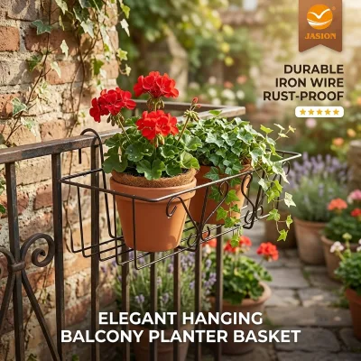 Custom Hanging Metal Railing Planter Basket Heavy Duty Iron Wire Flower Pot Holder Rack for Balcony Deck Fence Garden