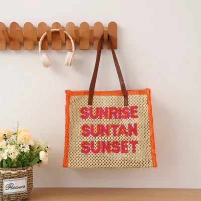 Summer Woven Straw Tote Bag with Custom Chenille Embroidery Large Capacity Paper Straw Beach Bag for Women Travel
