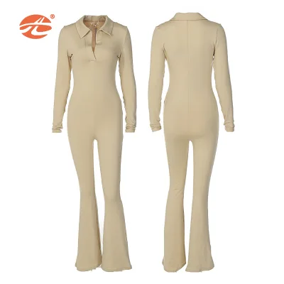 V Neck Long Sleeve Sexy Jumpsuit With Wide Leg Pants Full Length Bodysuit One Piece Flare Pants Jumpsuits