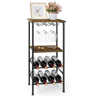 Wine Rack Table Freestanding Floor Wood Wine Bottles Storage With Shelves, Industrial Small Wine Display Stand for Dining Room