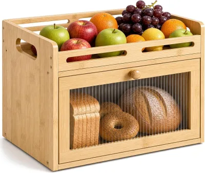 Bamboo Bread Box for Kitchen Countertop Bamboo Storage Container with Raised-Rail Top Shelf Acrylic Farmhouse Breadbox Organizer
