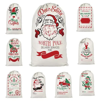 Large Christmas Santa Gift Bags Jumbo Sacks Christmas Drawstring Canvas Gift Bags for Xmas Holiday Party Supplies Santa Sack