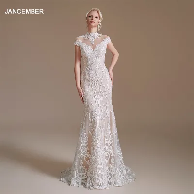 Jancember LSMQ103 Ready to Ship High Quality Fashion High-neck Sexy White Girl Wedding Dress Wholesale