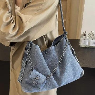 2025 Trending Ladies Blue Denim Tote Shoulder Bag with Chain Mini Purse Handbag