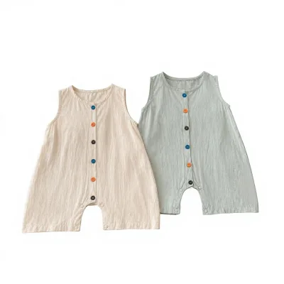 2026 New-Style Childrens Baby Summer Cotton Romper with Colorful Buttons Single-breasted Closure Casual Outfit for Boys Girls