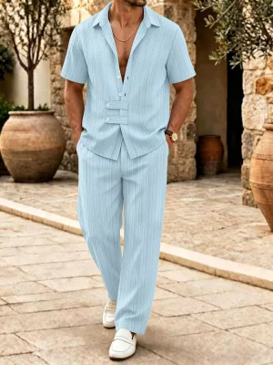 New Arrival 2026 Mens Loose Fit Short Sleeve Shirt and Long Trousers Set Summer Beach Casual Matching Suit