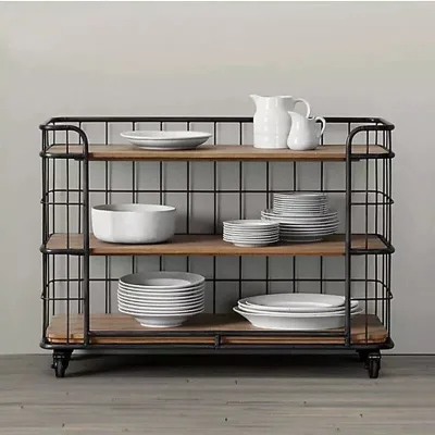 Retro Industrial Style American Wood & Steel 3-Tier Storage Cart with Wheels, Kitchen Trolley & Living Room Storage Rack