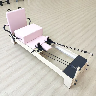 Pastel Pink Maple Full Track Pilates Reformer Silent Moving Casters Minimalist Frame for Personal Home Beauty Pilates Training