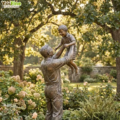 YouFine Custom Bronze Father and Son Statue Life Size Outdoor Garden Family Memorial Sculpture Decor