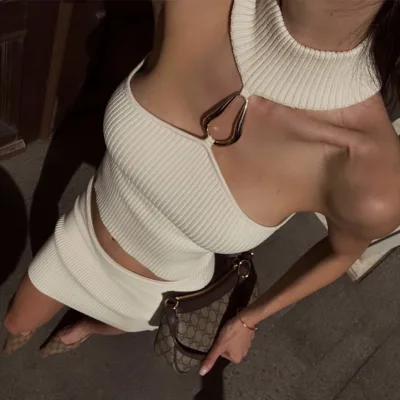 Fashion Knit Two Piece Sets Women  Off-shoulder Tank Top and Mini Skirt Female Halter Crop Top Sexy Dress Matching Set