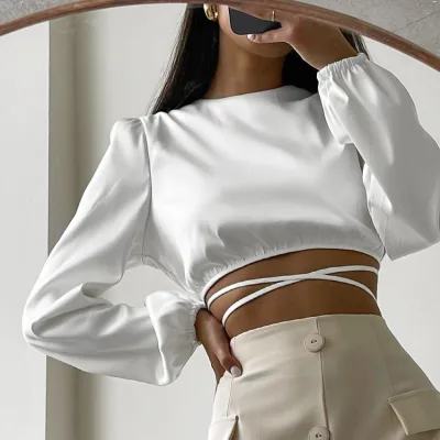 Summer Satin Tops Crew-neck Backless Bandage Crop Top Sexy Club Outfits Clothes Shirt