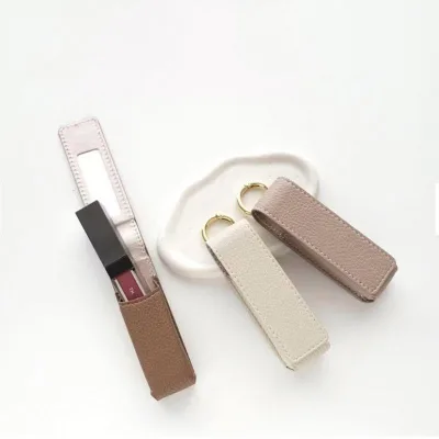 PU Leather Lipstick Case with Built-in Makeup Mirror, Portable Keychain Lip Gloss Holder for On-the-Go Touch Up,Makeup Accessory