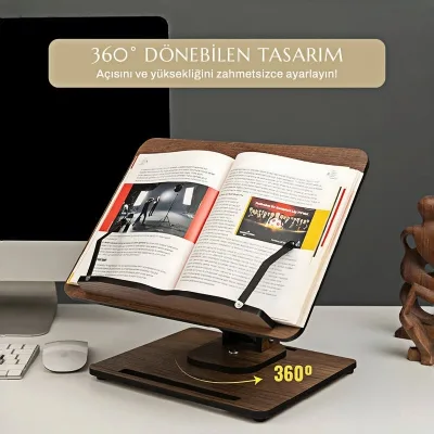 Ergonomic Wooden Reading Stand 360 Swivel Book Holder Height Adjustable Textbook Holder for Kitchen Office Desktop