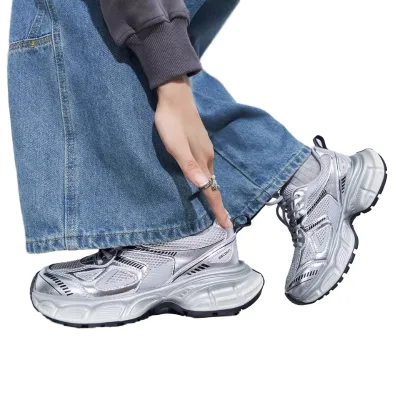 Garia~Massism 2024 Women's Trendy Thick Sole Sports Shoes New Arrival Casual Running Shoes Autumn Season Silver Rubber EVA PU