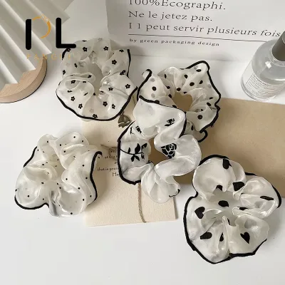 PL Wholesale Fashion White Color Hair Scrunchies Heart Flower Printed Chiffon Oversize Hair Scrunchies Women Hair Accessories