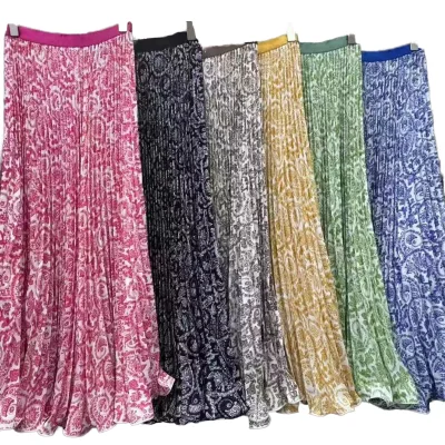 Summer New High Waist Women's Printed Floral Medium Length Full Flare Beach Wear Exclusive Print Breathable Satin Skirt Ruffles