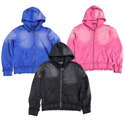 Custom Crystal Rhinestone Hoodies for Women Size Full Zip Pullover with Printed Logo and Design