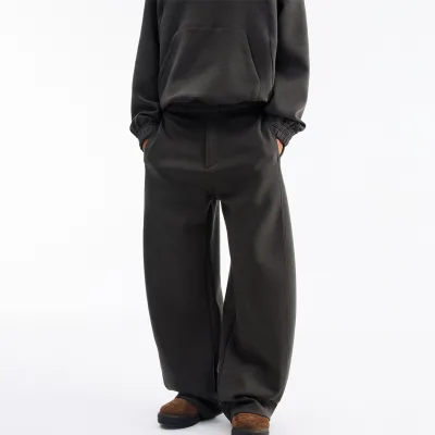 Custom Logo Light Gray Plain Fleece Sweatpants Cotton Polyester Double Layer Wide Leg Flare Sweatpants