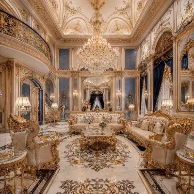 Whole House Customization Rococo Luxury Palace Villa Mansion 3D Rendering Gold Carving Interior Design