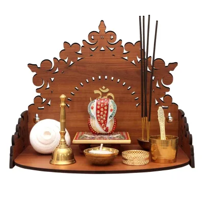 Traditional Floral Wooden Puja Mandir Vertical Pattern Office Home Temple Stand 9.85\" Height 12\" Length 8.75\" Width Rope
