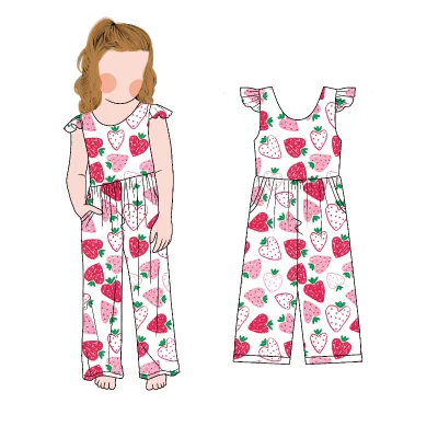 Cute Printed Sleeveless Buttoned Jumpsuit Suitable for Girls with Wide Legs and Pockets for Summer Casual Wear
