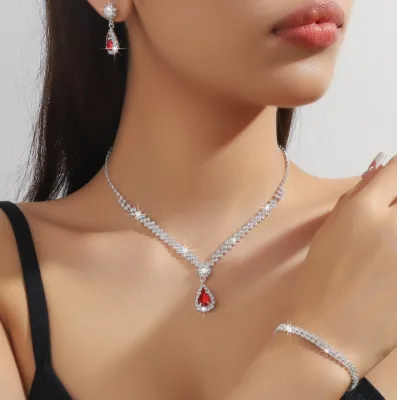 4Pcs Waterdrop Shaped Rhinestone Jewelry Set for Bridal Necklace Earrings Bracelet Red Crystal Pendant Wedding Prom Jewelry Set