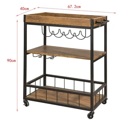 Retro Rustic 3 Tiers Mdf Top Wooden Metal Kitchen Rack Storage Island Trolley bar Cart with Wine Rack Tray Handle Cup Holder