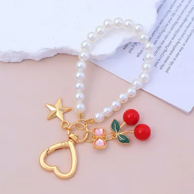 Cute Creative Pearl Zinc Alloy Keychain Pendant Water Diamond Bow Cherry Gemstone Personalized Fashion for Car Bag Key Metal
