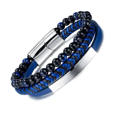 SL24059 Custom Three Layer Jewelry Wholesale Fashion Black Beads Blue Bracelet Women New Design Leather Magnetic Buckle Charms