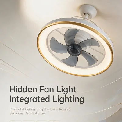 Hidden Ceiling Fan Light Gold Woven Ring DC Motor 20W 5 Blades Dimmable LED 30W 60W for Bedroom Living Room Dining Room