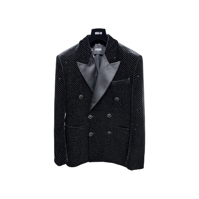 French Fashion Haute Cifice Luxury Customizable Black Suede Double-breasted Hot Diamond Dinner Suit