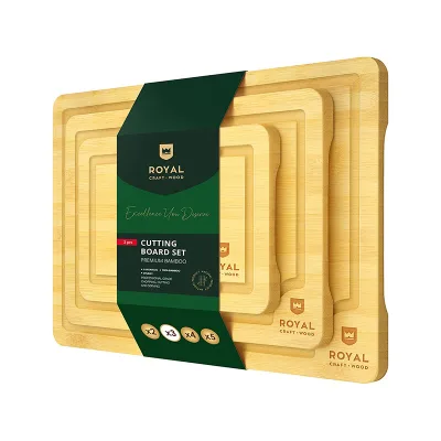 Set of 3 Thick Natural Bamboo Cutting Board with Juice Grooves
