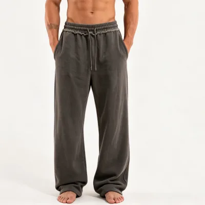 Men Fleece Lined Washed Raw Edge Straight Leg Sweatpants,Loose Draping Sports Trousers for Outdoor,OEM Custom Logo Available