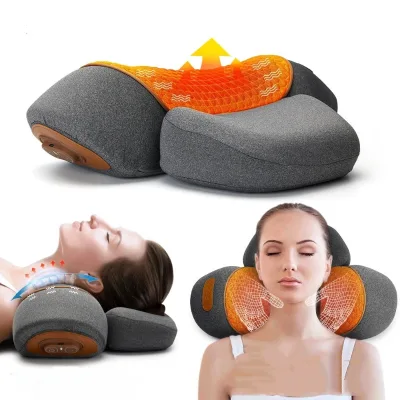 Neck Traction Massage Pillow Cervical Stretcher with Hot Compress Shiatsu Vibration Pain Relief Back Support