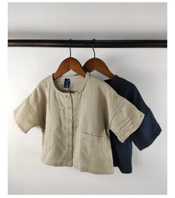 Children's Summer Suit Korean Version Cotton Linen Wrinkle Single Breasted Loose Casual Suit for Boys and Girls