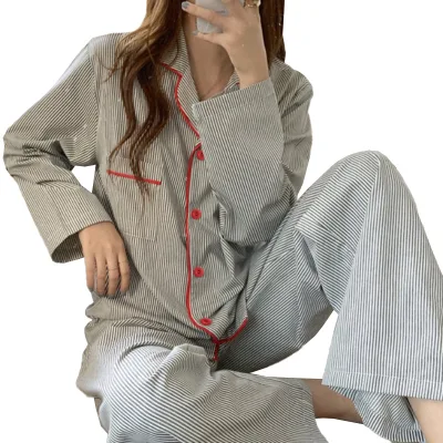 Wholesale Women Long-sleeved Long Pants Fashion Striped Printing Lapel Milk Silk Ladies Comfortable Loungewear